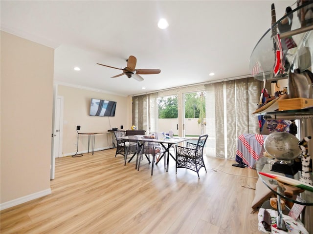 dining area with recessed lighting, ceiling fan, baseboards, and wood finished floors