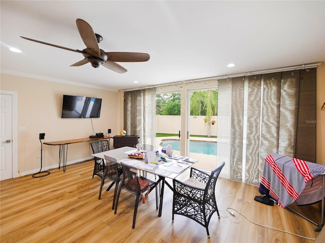 dining room with baseboards, recessed lighting, ceiling fan, light wood-style floors, and crown molding