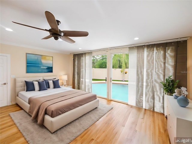 bedroom featuring a ceiling fan, wood finished floors, recessed lighting, access to exterior, and crown molding