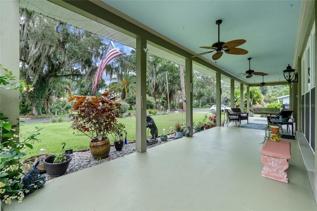 view of patio / terrace with covered porch and ceiling fan