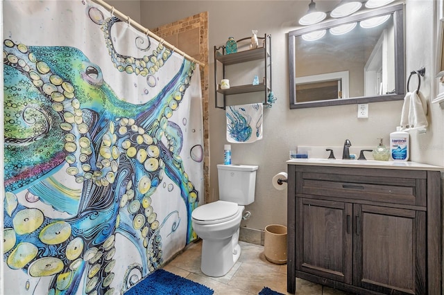 full bathroom featuring vanity, tile patterned floors, toilet, and a shower with shower curtain