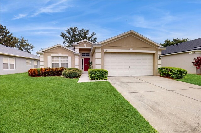 single story home with a garage and a front yard