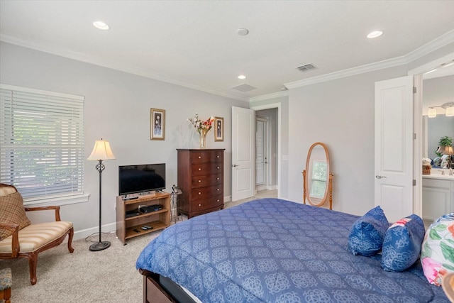 bedroom featuring light carpet and ornamental molding