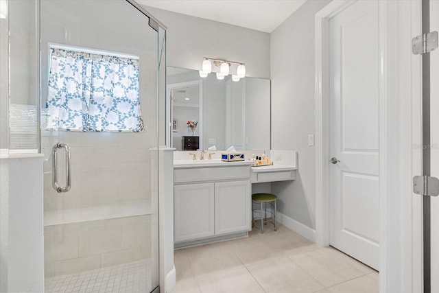 bathroom featuring tile patterned flooring, vanity, and a shower with shower door