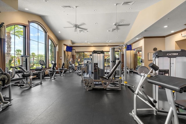 exercise room featuring a textured ceiling, vaulted ceiling, and ceiling fan