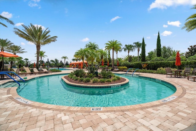 view of swimming pool featuring a patio