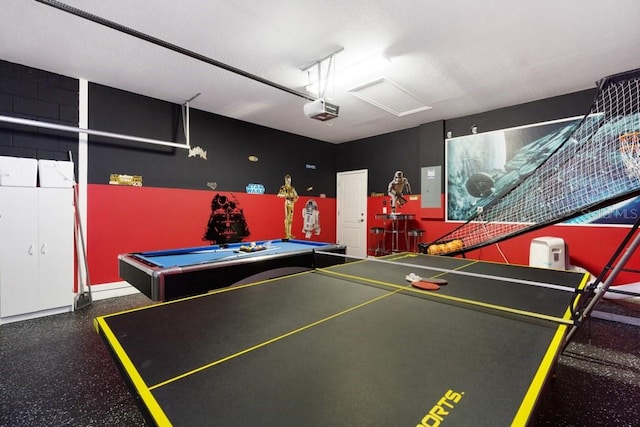 4036 Oakrise Loop, Davenport, FL 33837 - playroom featuring attic access, baseboards, billiards, and electric panel