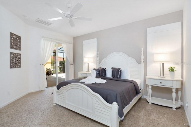 bedroom featuring access to outside, ceiling fan, and light colored carpet