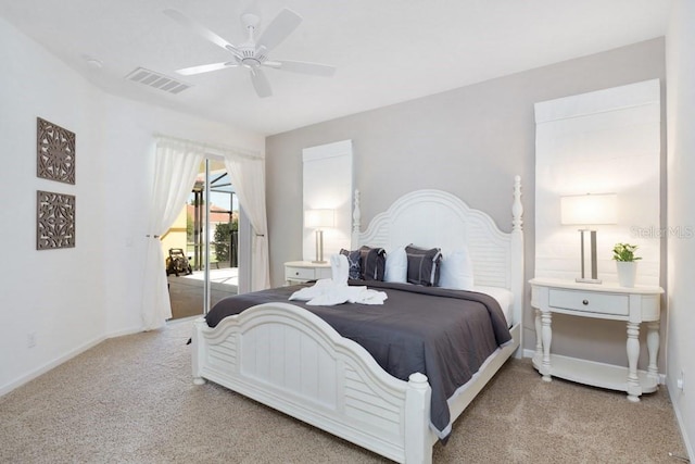 4036 Oakrise Loop, Davenport, FL 33837 - carpeted bedroom featuring baseboards, a ceiling fan, visible vents, and access to outside
