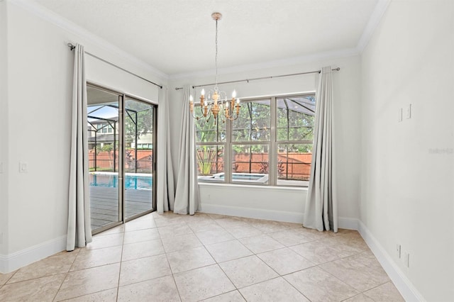 tiled spare room with crown molding and a notable chandelier