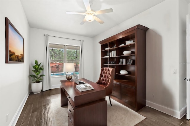 office featuring ceiling fan and dark wood-type flooring