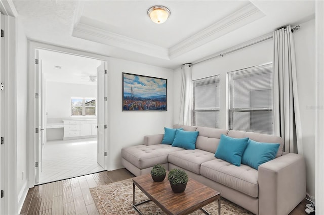 living room featuring hardwood / wood-style flooring, a tray ceiling, and ornamental molding