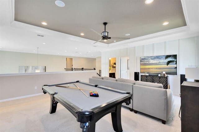 playroom featuring a raised ceiling, ornamental molding, and billiards