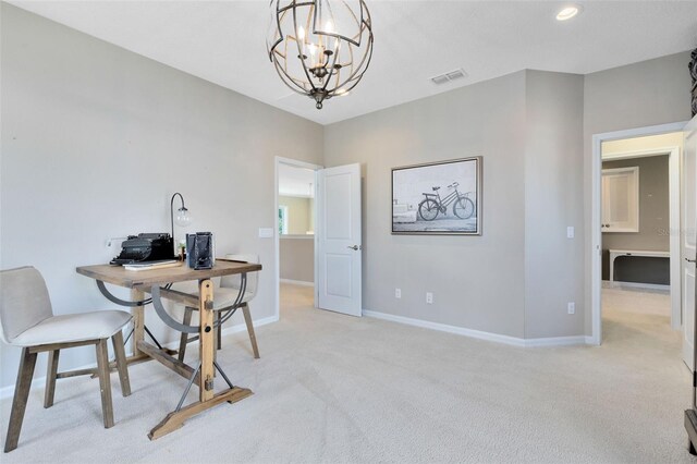 home office featuring light colored carpet and a chandelier