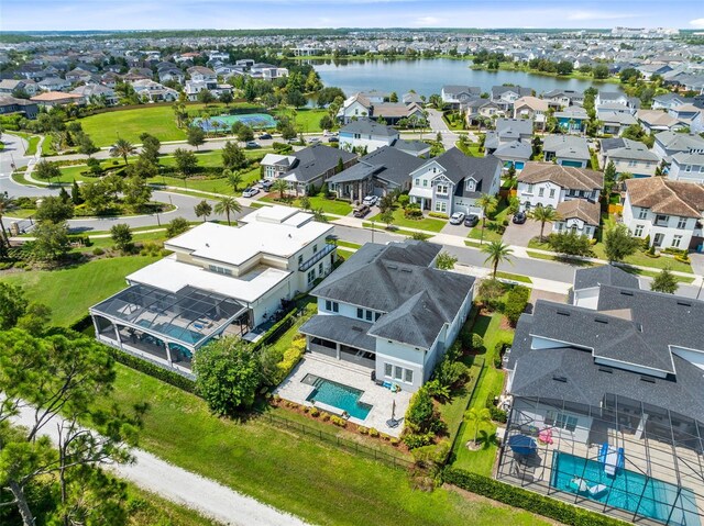 drone / aerial view featuring a water view