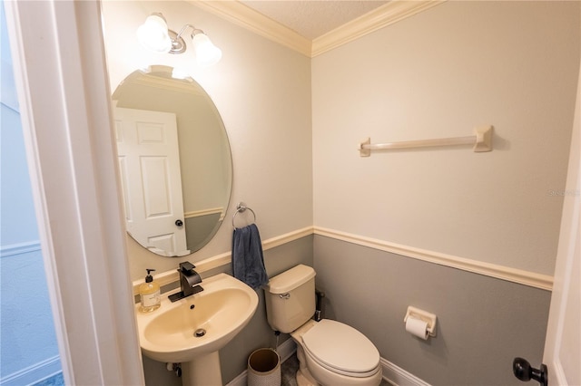 bathroom with crown molding, sink, a textured ceiling, and toilet