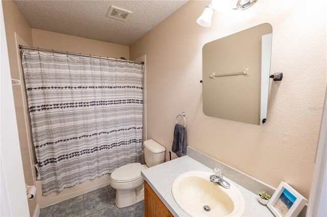 full bathroom with vanity, shower / bathtub combination with curtain, a textured ceiling, and toilet