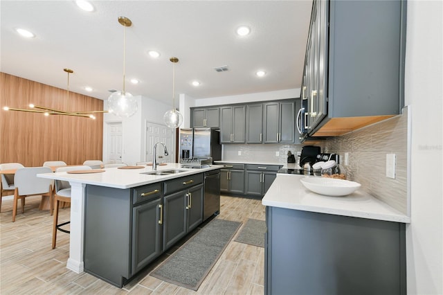 kitchen with sink, tasteful backsplash, a center island with sink, pendant lighting, and stainless steel appliances