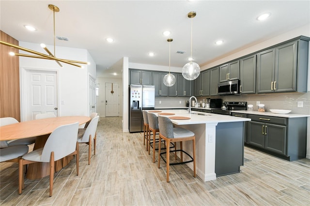 kitchen with sink, hanging light fixtures, stainless steel appliances, an island with sink, and decorative backsplash