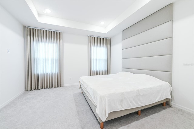 bedroom with a raised ceiling and light carpet