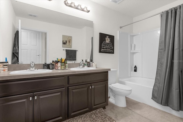 full bath with visible vents, a sink, shower / bathtub combination with curtain, and toilet