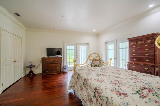 bedroom with access to exterior, french doors, dark hardwood / wood-style flooring, and ornamental molding