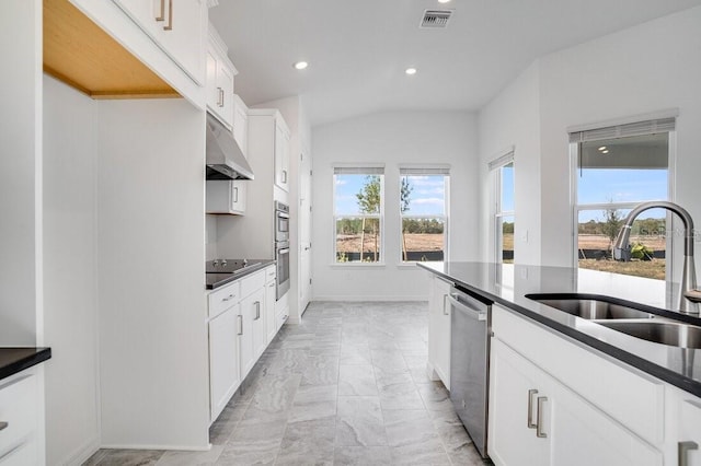 kitchen with white cabinetry, appliances with stainless steel finishes, sink, and lofted ceiling