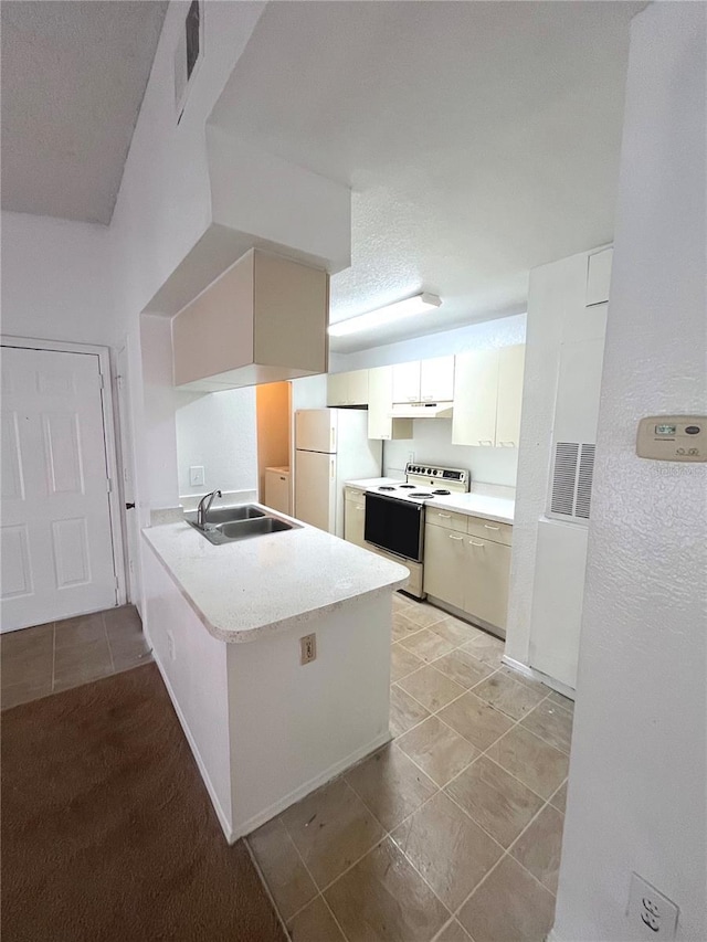 kitchen featuring kitchen peninsula, sink, electric range, white cabinets, and white fridge