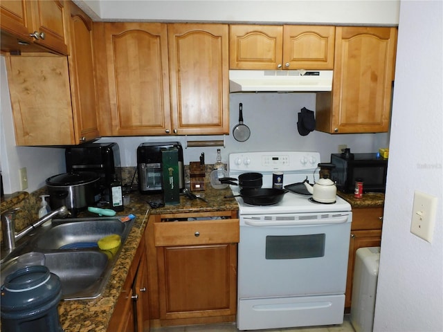 kitchen with sink, dark stone countertops, and white range with electric cooktop