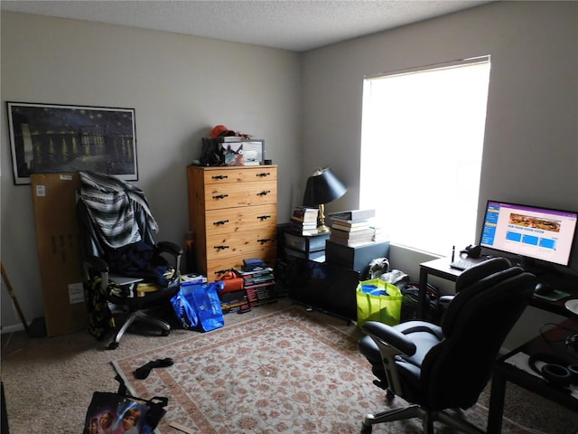 office area with a textured ceiling and carpet