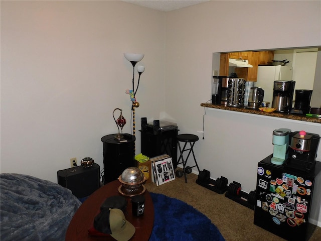 bedroom featuring white fridge and carpet floors