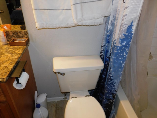 full bathroom with toilet, tile patterned flooring, vanity, and shower / tub combo with curtain