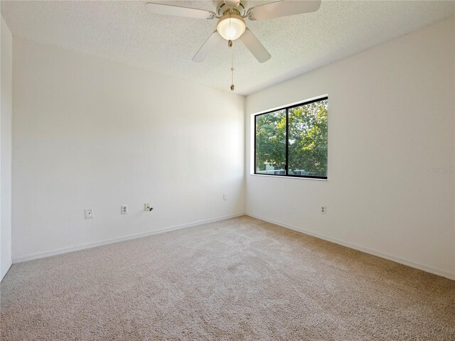 empty room featuring a textured ceiling, ceiling fan, and carpet