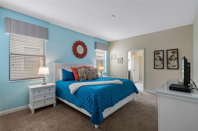 bedroom with ensuite bathroom and carpet