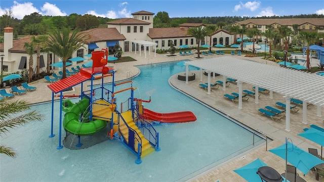 view of pool with a playground