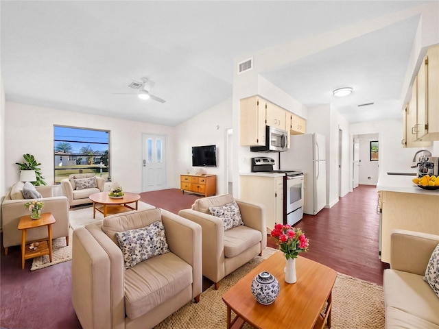 living room with ceiling fan, sink, dark wood-type flooring, and vaulted ceiling