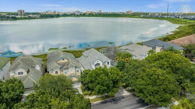 drone / aerial view featuring a water view