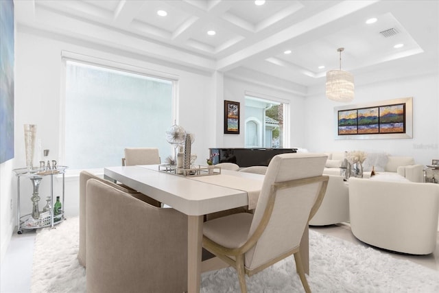 dining space with beamed ceiling and coffered ceiling