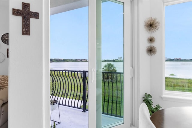 doorway featuring a water view