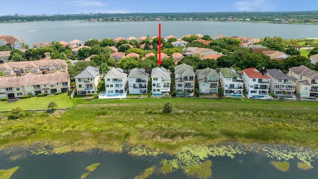 aerial view featuring a water view