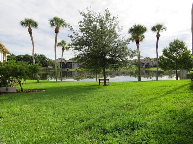 view of community featuring a water view and a yard