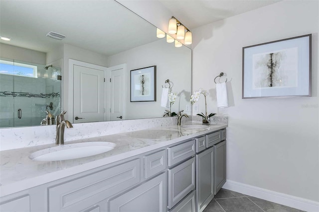 bathroom with tile patterned floors, vanity, and walk in shower