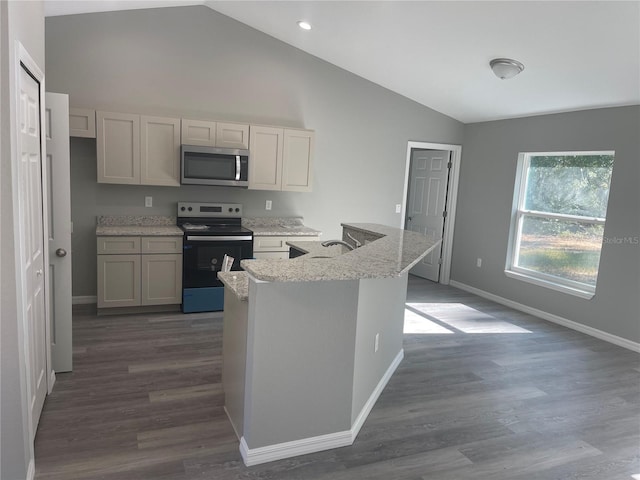 kitchen with dark hardwood / wood-style floors, high vaulted ceiling, gray cabinetry, stainless steel appliances, and light stone countertops