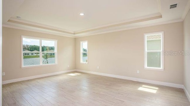 spare room featuring crown molding, light wood-type flooring, and a raised ceiling