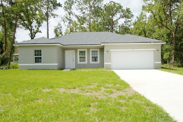 ranch-style house featuring stucco siding, a front lawn, concrete driveway, and a garage