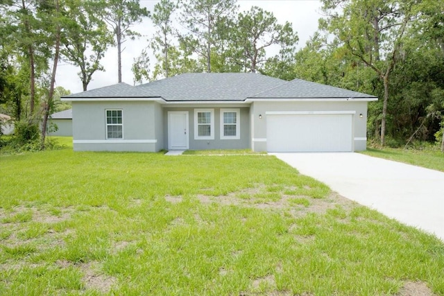 ranch-style home featuring stucco siding, driveway, a front lawn, a shingled roof, and a garage