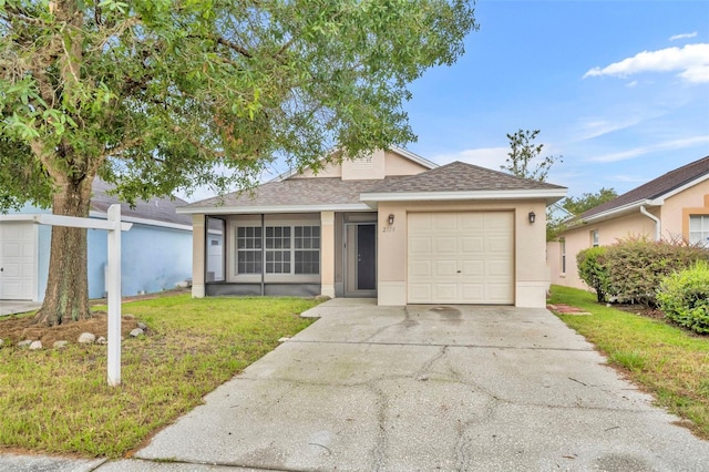 2519 Woods Edge Cir, Orlando, FL 32817 - ranch-style home featuring concrete driveway, a front lawn, an attached garage, stucco siding, and roof with shingles