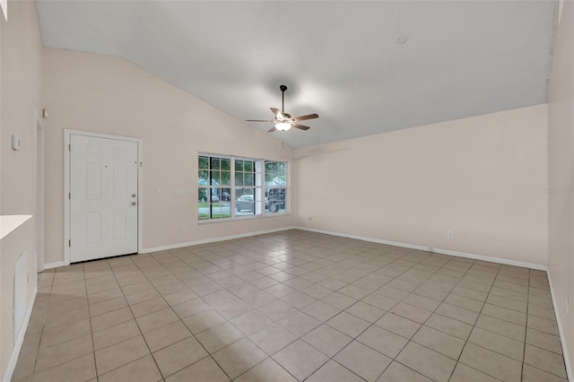 2519 Woods Edge Cir, Orlando, FL 32817 - unfurnished room featuring light tile patterned flooring, baseboards, high vaulted ceiling, and ceiling fan