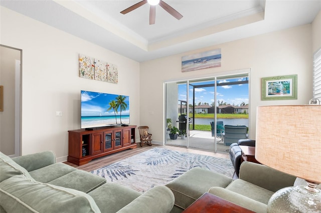 living room with hardwood / wood-style floors, a tray ceiling, and a healthy amount of sunlight