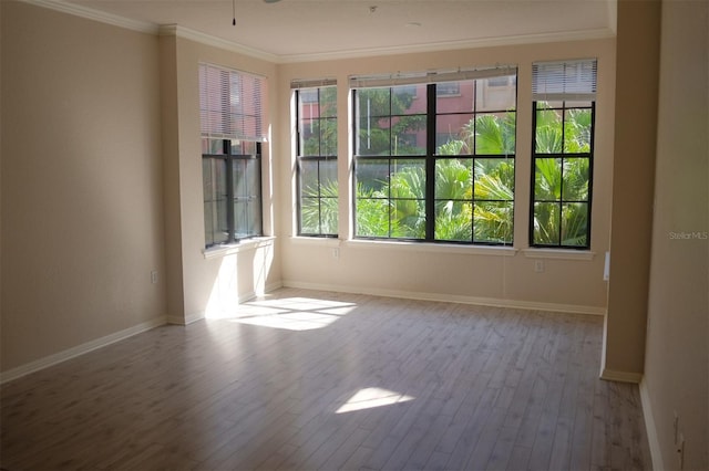 spare room featuring baseboards, wood finished floors, and crown molding